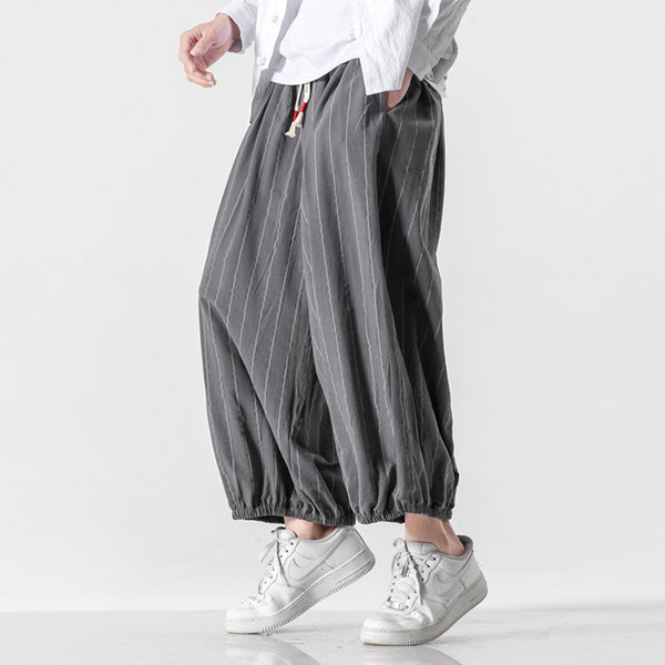 Men's Cotton-Linen Striped Drawstring Pants