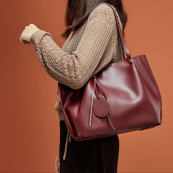 Large Capacity Cowhide Shoulder Tote with Pouch