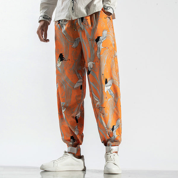 Crane Print Drawstring Tapered Pants