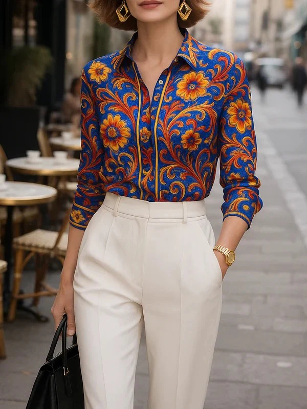 Baroque Button Front Collared Blouse for Women – Elegant Stylish Comfort