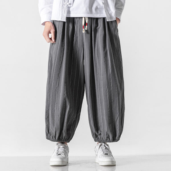 Men's Cotton-Linen Striped Drawstring Pants