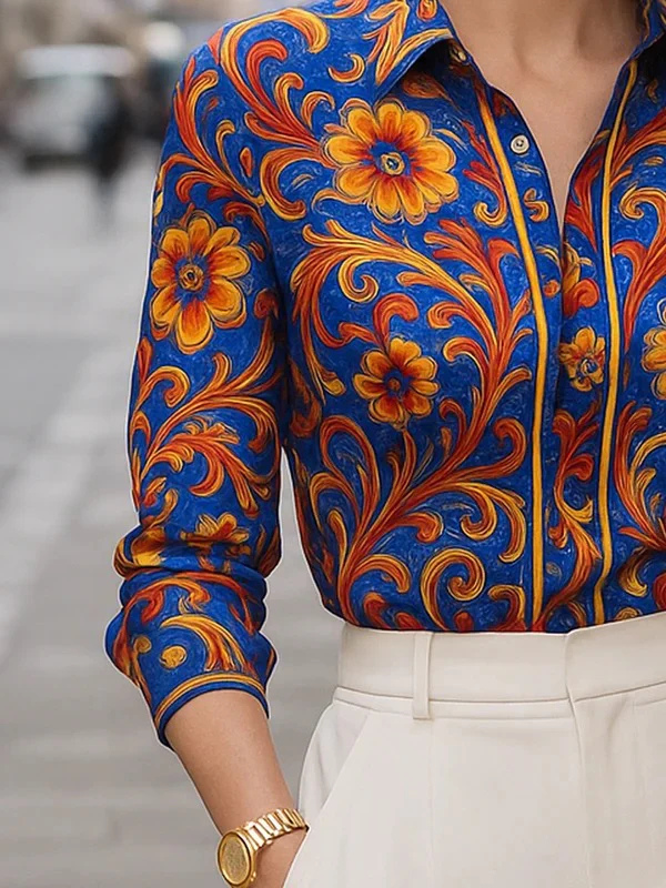 Baroque Button Front Collared Blouse for Women – Elegant Stylish Comfort