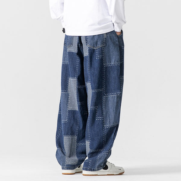 Plaid Patchwork Wide-Leg Drawstring Denim Pants