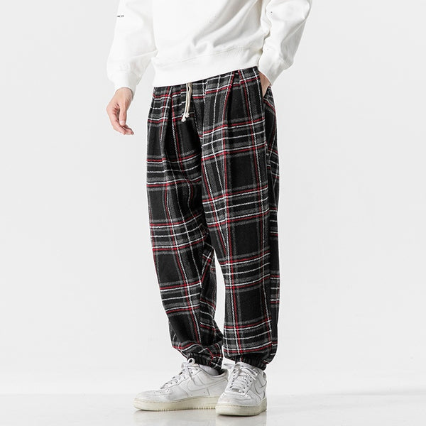 Plaid Mid-Waist Ankle Bandage Pants