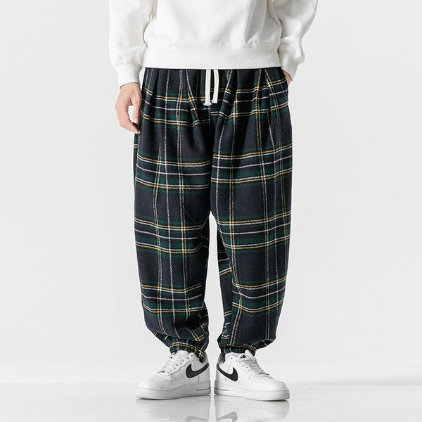 Plaid Mid-Waist Ankle Bandage Pants