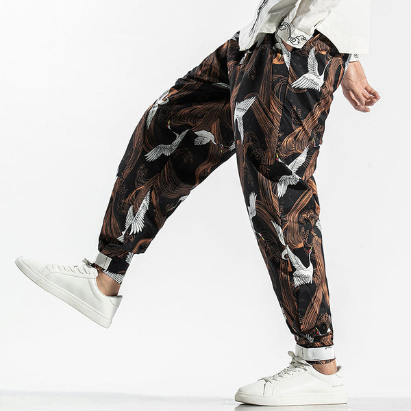 Crane Print Drawstring Tapered Pants