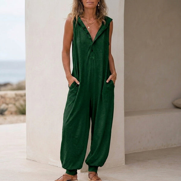 Hooded V-Neck Button Front Baggy Fit Jumpsuit for Women – Casual Stylish Comfort