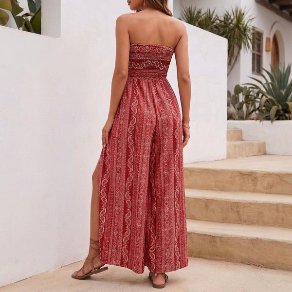 Paisley Shirred Strapless Wide-Leg Jumpsuit for Women – Stylish Casual Comfort