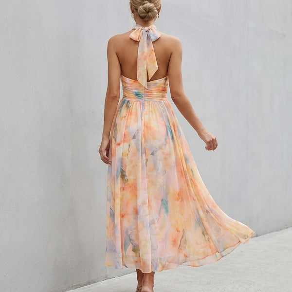 Abstract Pleated A-Line Halter Maxi Dress for Women – Elegant & Flattering Fit