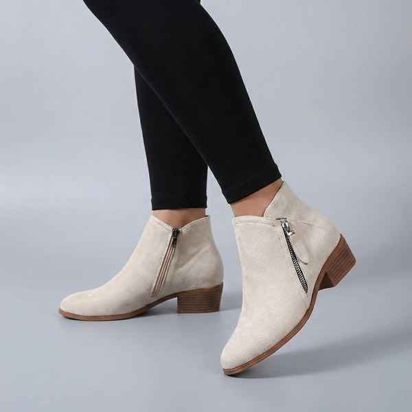 Classic Suede Ankle Boots for Women – Low Block Heel Zip Booties