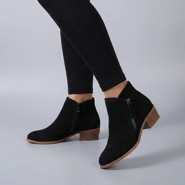 Classic Suede Ankle Boots for Women – Low Block Heel Zip Booties