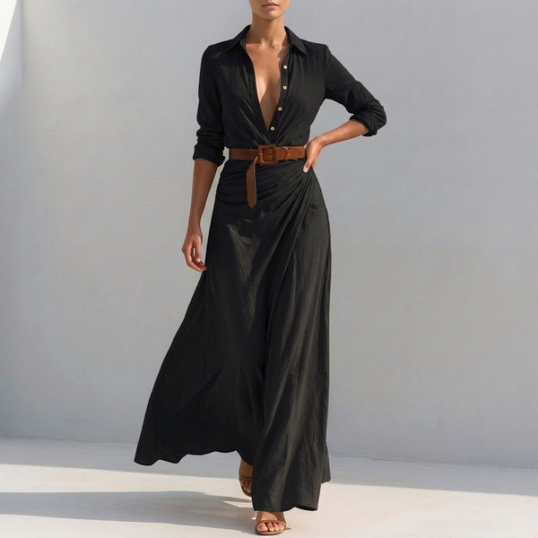 Draped Belted Collared Shirt Maxi Dress for Women – Elegant Comfortable Style