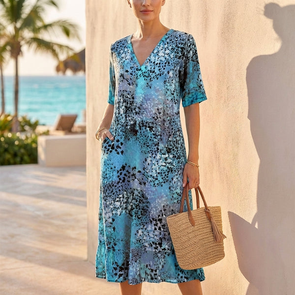 Relaxed Fit Knee-Length V-Neck Lace Trim Dress for Women – Stylish & Comfortable Design