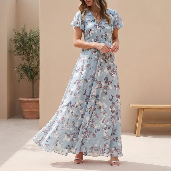 Ruffled A-Line Floral V-Neck Maxi Dress for Women – Elegant & Comfortable Design