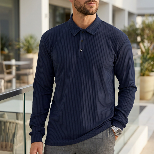 Ribbed Collared Long Sleeve Polo Shirt for Men – Classic Casual Comfort