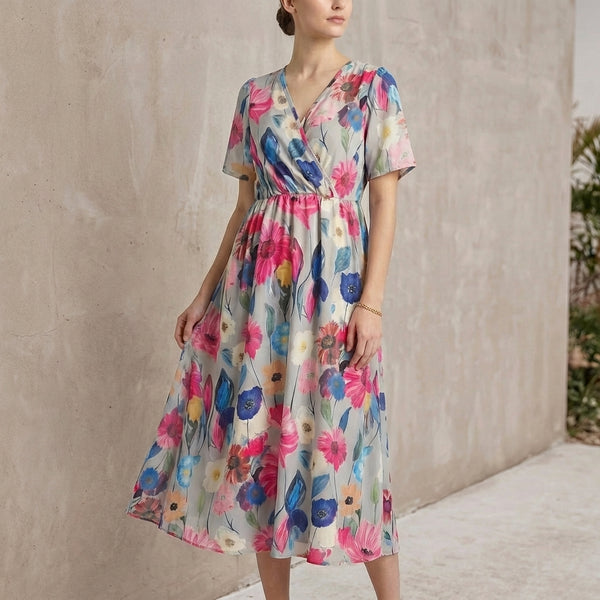 Floral A-Line Wrap Dress for Women – Elegant & Flattering Fit