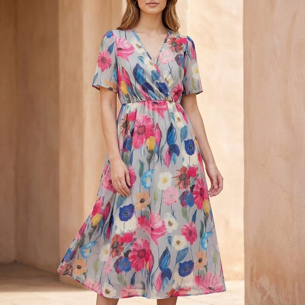 Surplice Cinched Waist A-Line Midi Dress for Women – Stylish Casual Comfort