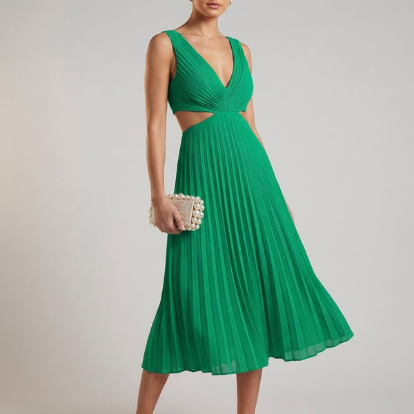 Pleated Cutout A-Line Midi Dress for Women – Elegant & Flattering Design