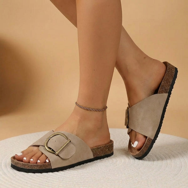 Casual Buckle Strap Slide Sandals for Women – Comfortable Summer Flats