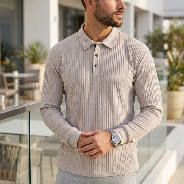 Ribbed Collared Long Sleeve Polo Shirt for Men – Classic Casual Comfort