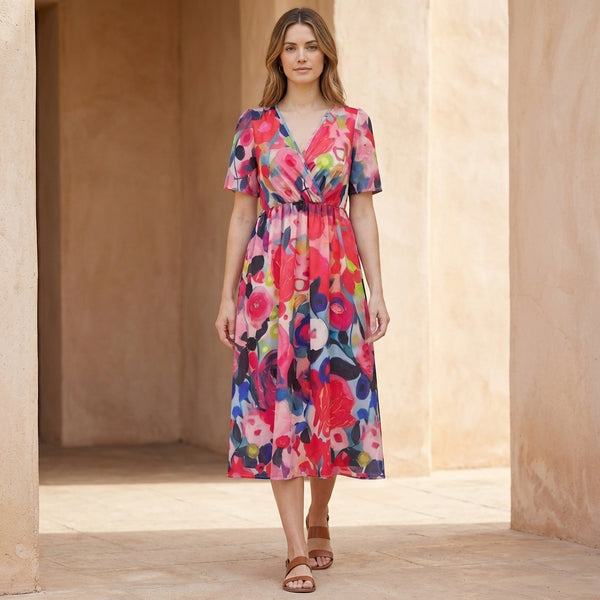 Surplice Cinched Waist A-Line Midi Dress for Women – Stylish Casual Comfort