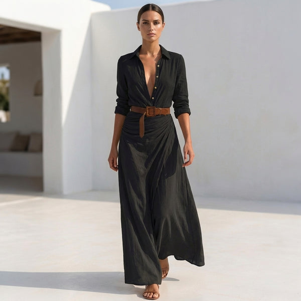 Draped Belted Collared Shirt Maxi Dress for Women – Elegant Comfortable Style