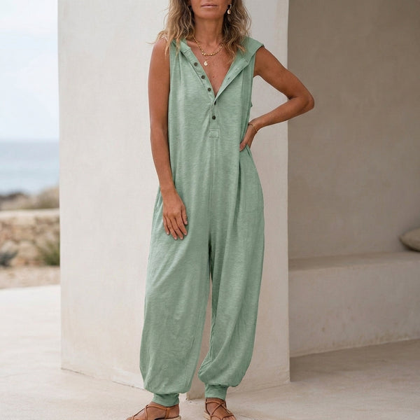 Hooded V-Neck Button Front Baggy Fit Jumpsuit for Women – Casual Stylish Comfort