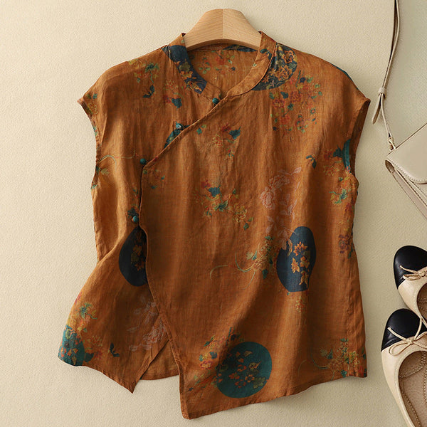 Floral Mandarin Collar Relaxed Fit Sleeveless Blouses for Women – Stylish And Breathable Design