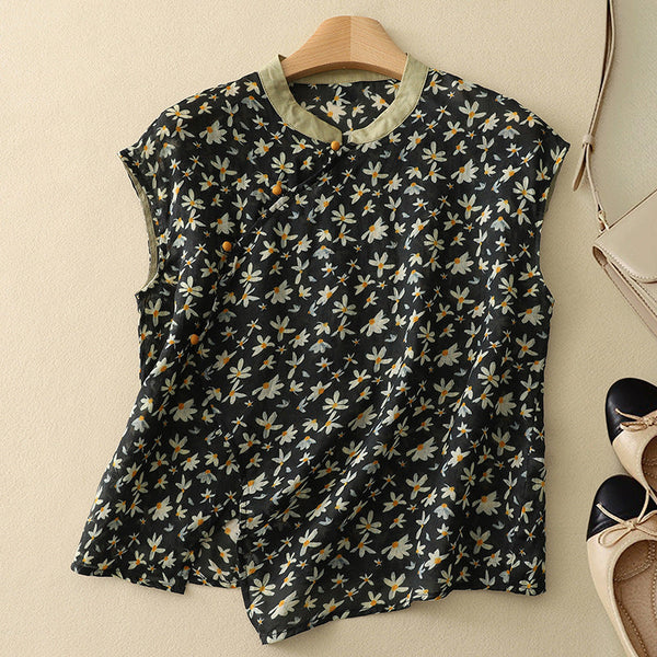 Floral Mandarin Collar Relaxed Fit Sleeveless Blouses for Women – Stylish And Breathable Design