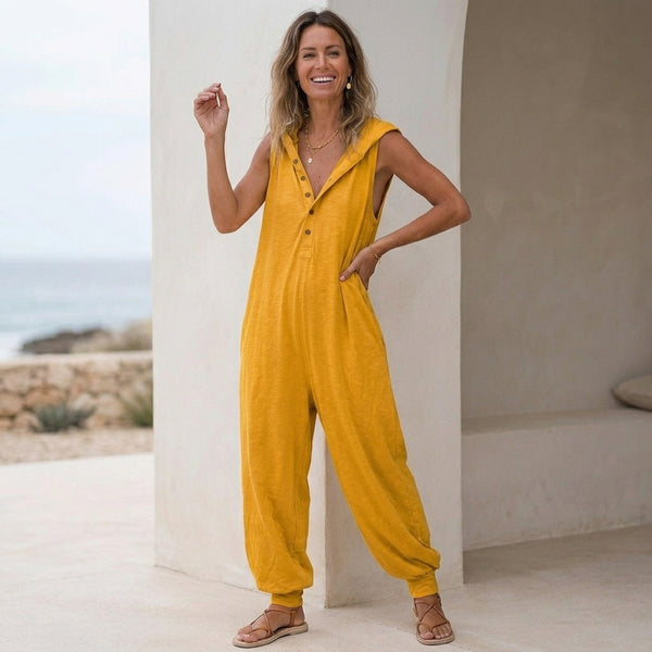 Hooded V-Neck Button Front Baggy Fit Jumpsuit for Women – Casual Stylish Comfort