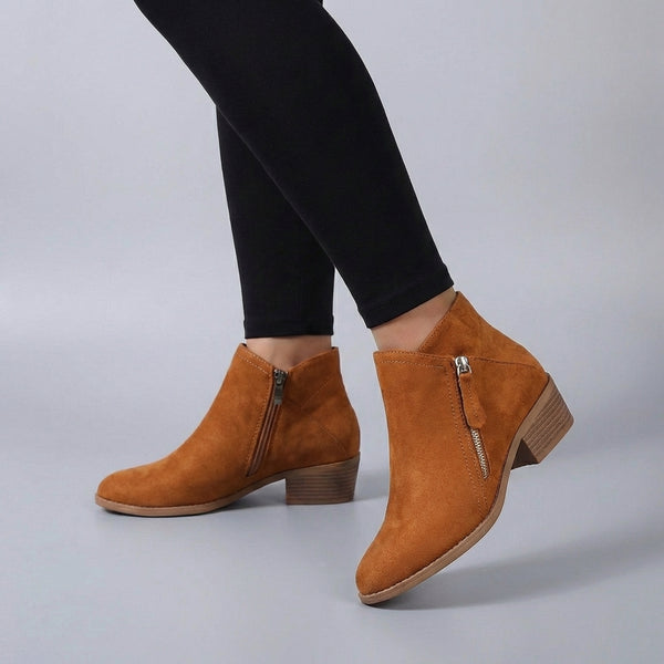 Classic Suede Ankle Boots for Women – Low Block Heel Zip Booties