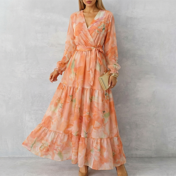 Tiered Wrap Floral A-Line Maxi Dress for Women – Elegant & Flattering Design