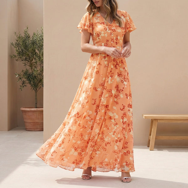 Ruffled A-Line Floral V-Neck Maxi Dress for Women – Elegant & Comfortable Design