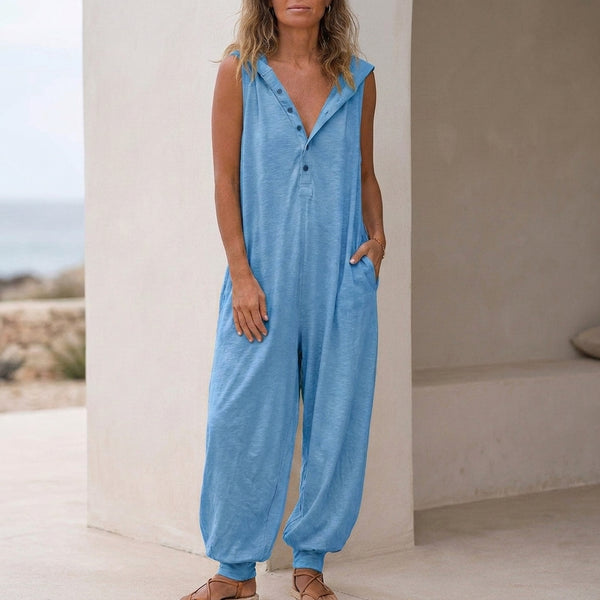 Hooded V-Neck Button Front Baggy Fit Jumpsuit for Women – Casual Stylish Comfort