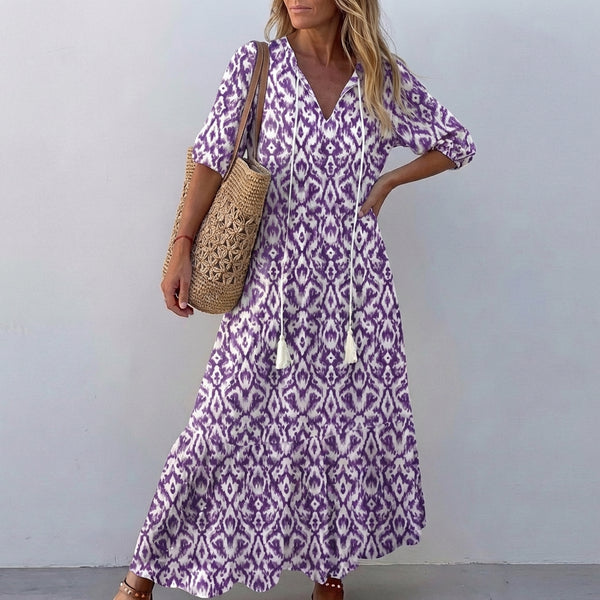 Tasseled Tie-Neck A-Line Maxi Dress for Women – Stylish Casual Elegance