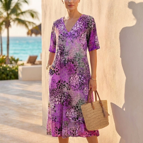 Relaxed Fit Knee-Length V-Neck Lace Trim Dress for Women – Stylish & Comfortable Design