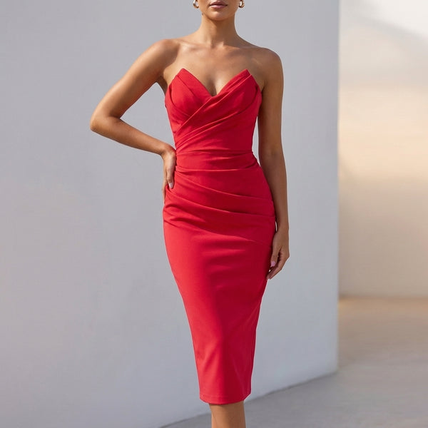 Ruched Draped Strapless Bodycon Midi Dress for Women – Elegant Evening Style
