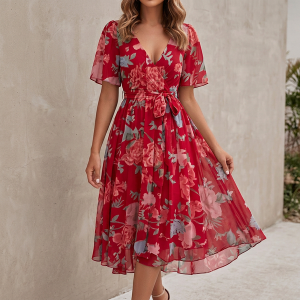 Floral A-Line Wrap Dress for Women – Elegant & Flattering Fit