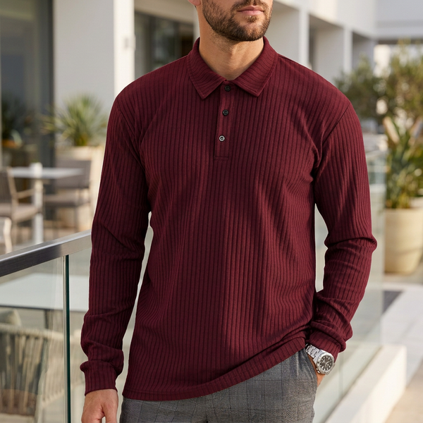Ribbed Collared Long Sleeve Polo Shirt for Men – Classic Casual Comfort