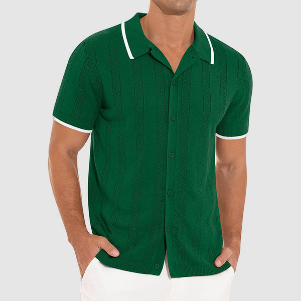 Textured Knit Button Front Knit Polo Shirt for Men – Stylish Casual Comfort