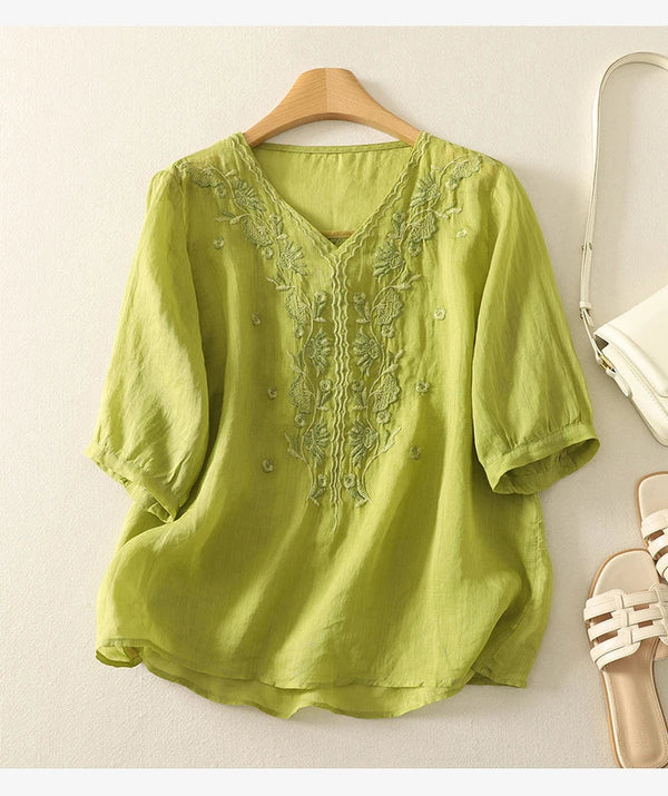 Embroidered Relaxed Fit V-Neck Blouse for Women – Casual Stylish Comfort