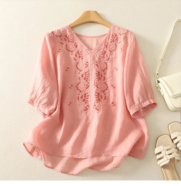 Embroidered Relaxed Fit V-Neck Blouse for Women – Casual Stylish Comfort