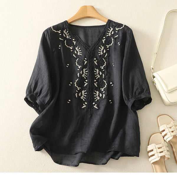 Embroidered Relaxed Fit V-Neck Blouse for Women – Casual Stylish Comfort