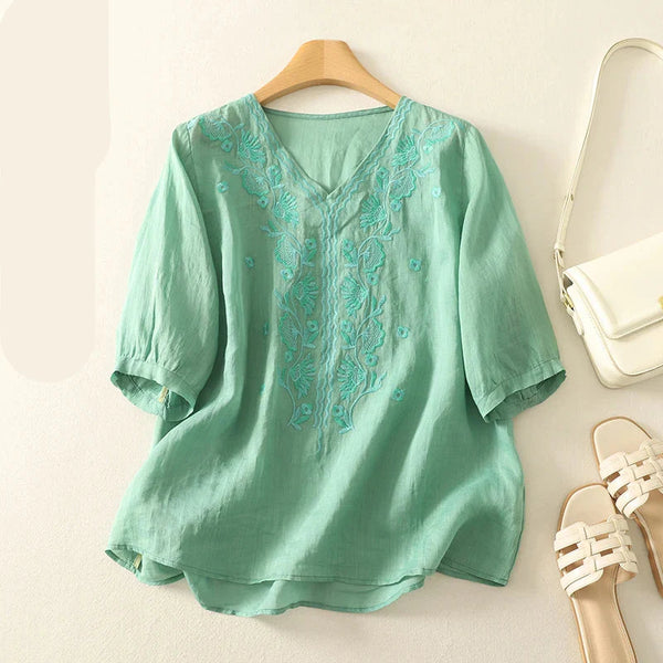 Embroidered Relaxed Fit V-Neck Blouse for Women – Casual Stylish Comfort