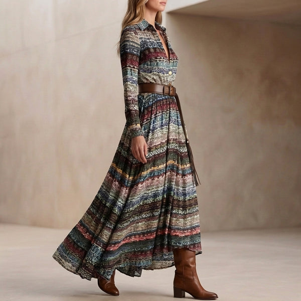 Bohemian Collared Button Front Belted A-Line Maxi Dress for Women – Casual Elegant Comfort