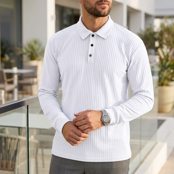 Ribbed Collared Long Sleeve Polo Shirt for Men – Classic Casual Comfort