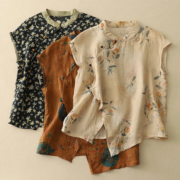 Floral Mandarin Collar Relaxed Fit Sleeveless Blouses for Women – Stylish And Breathable Design