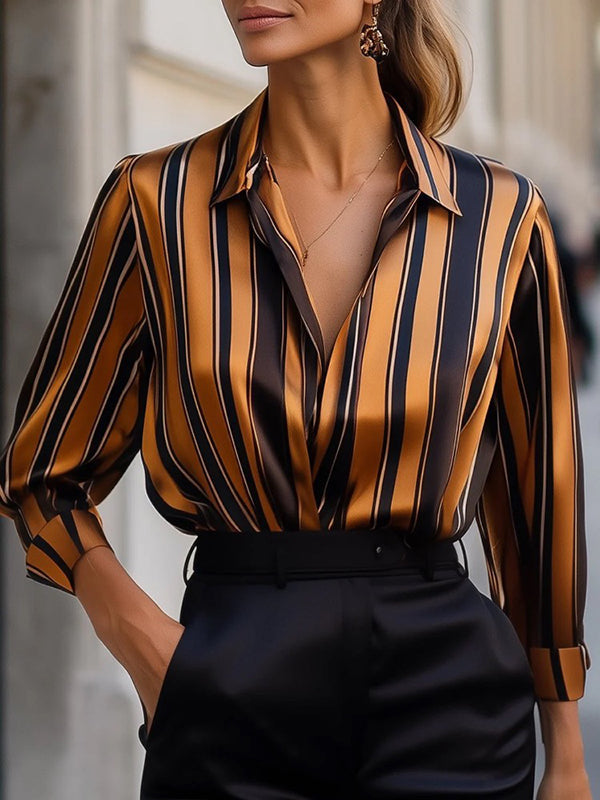 Relaxed Fit Striped Collared Blouse for Women – Stylish Workwear Essential