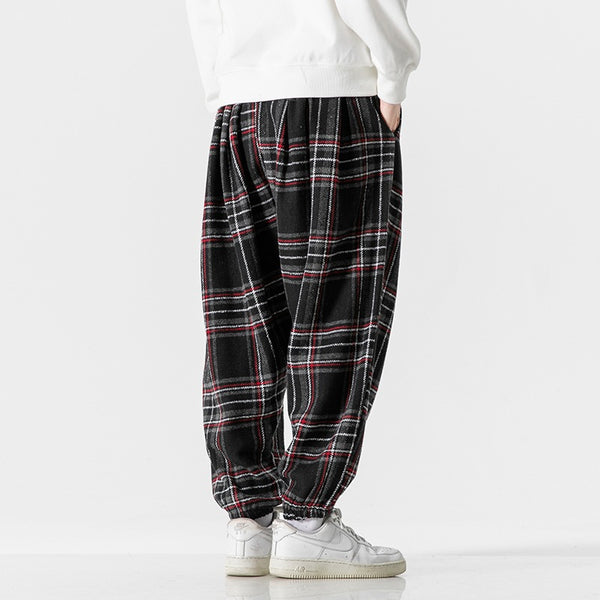 Plaid Mid-Waist Ankle Bandage Pants