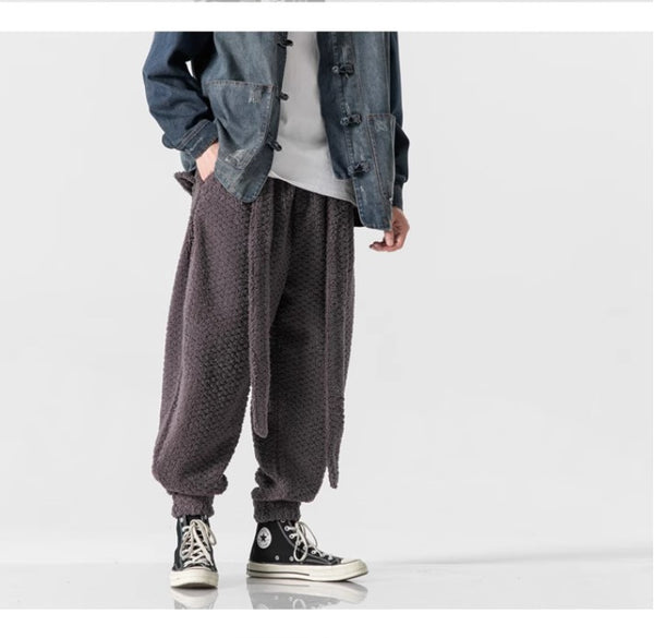 Men's Plush-Lined Retro Drawstring Pants